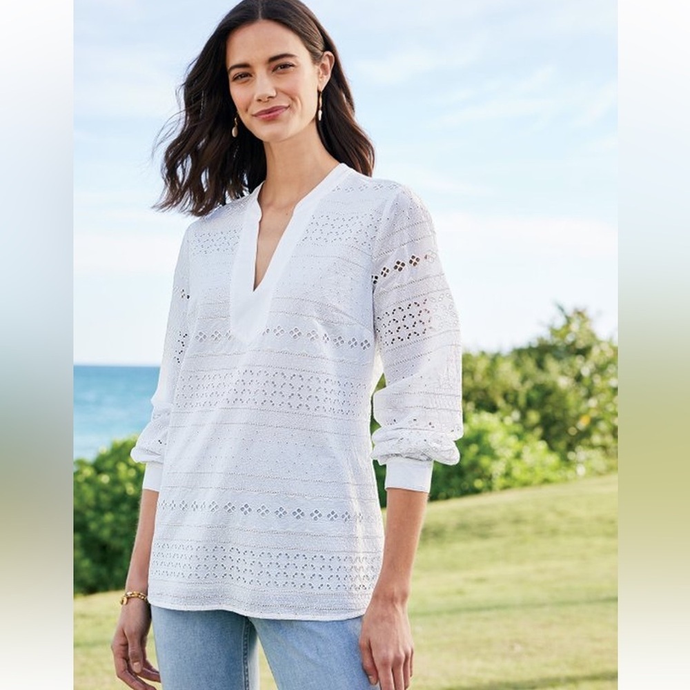 Soft Surroundings White Boho Eyelet Popover Top, L